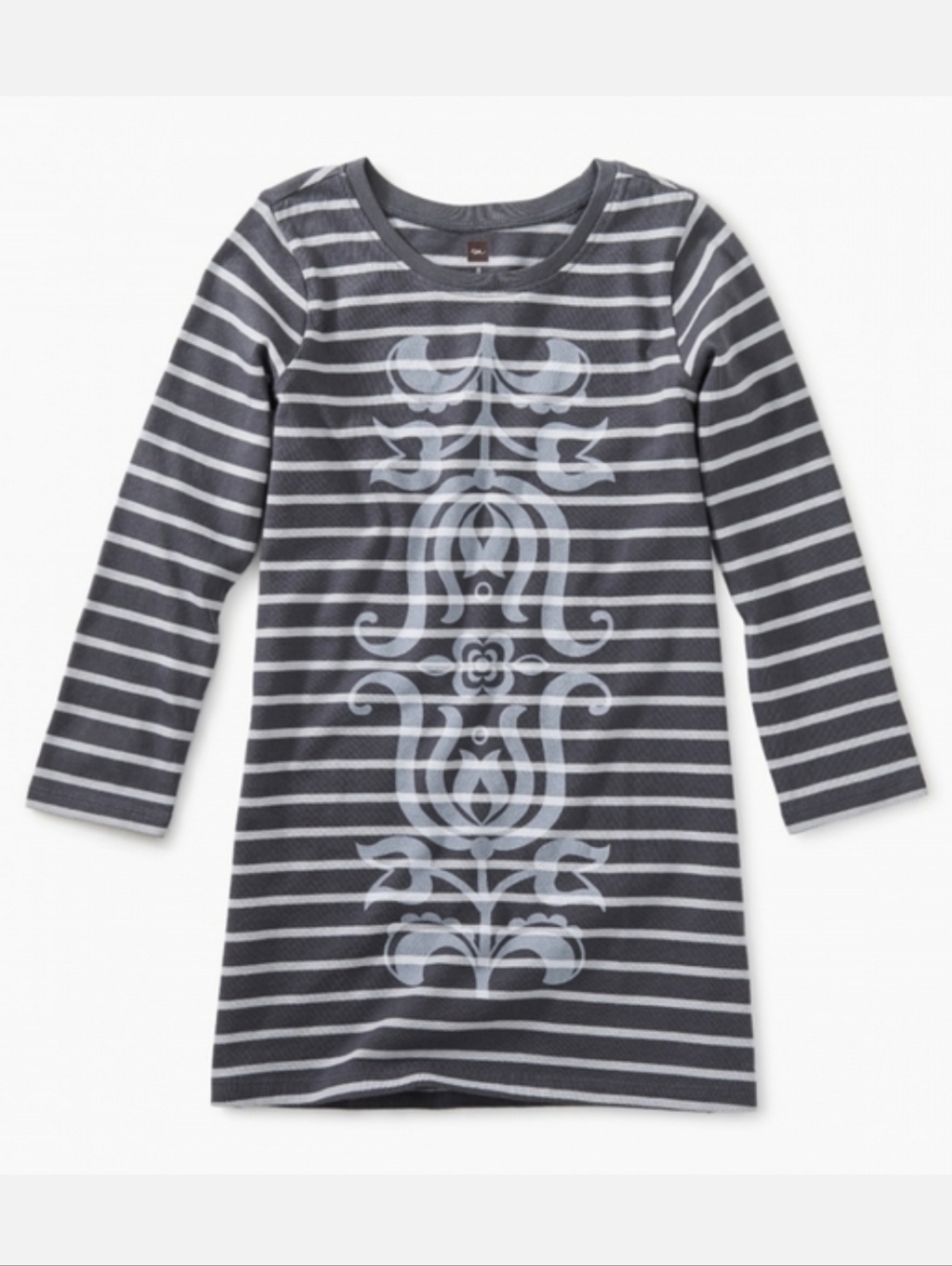 Tea Collection Grey Stripe Folk Floral Graphic Cotton Dress 6 - Picture 1 of 11